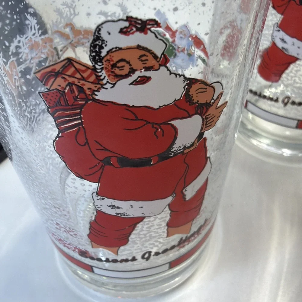 Vintage Firna Drinking Christmas Glass Tumbler Santa Sleigh Reindeers-Set Of 3